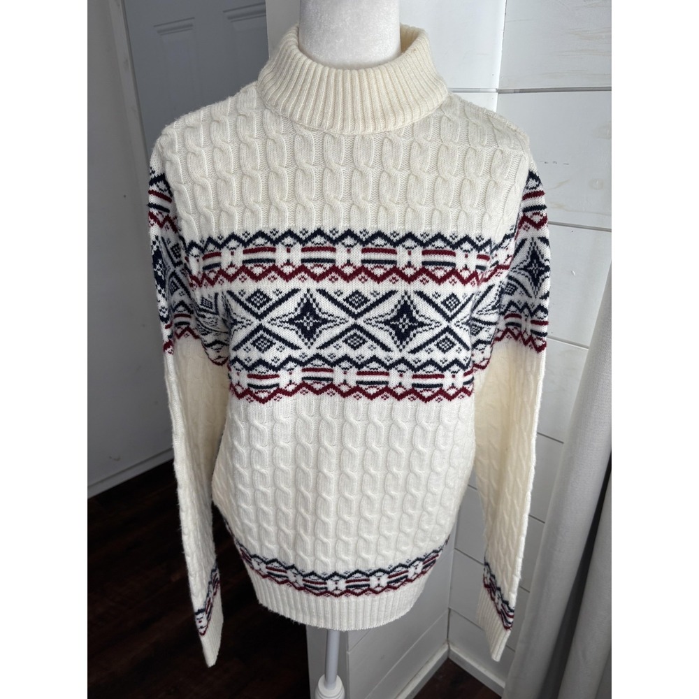 Vintage Lord Jeff Sweater Mens Large White Fair Isle Ski Turtleneck Knit USA